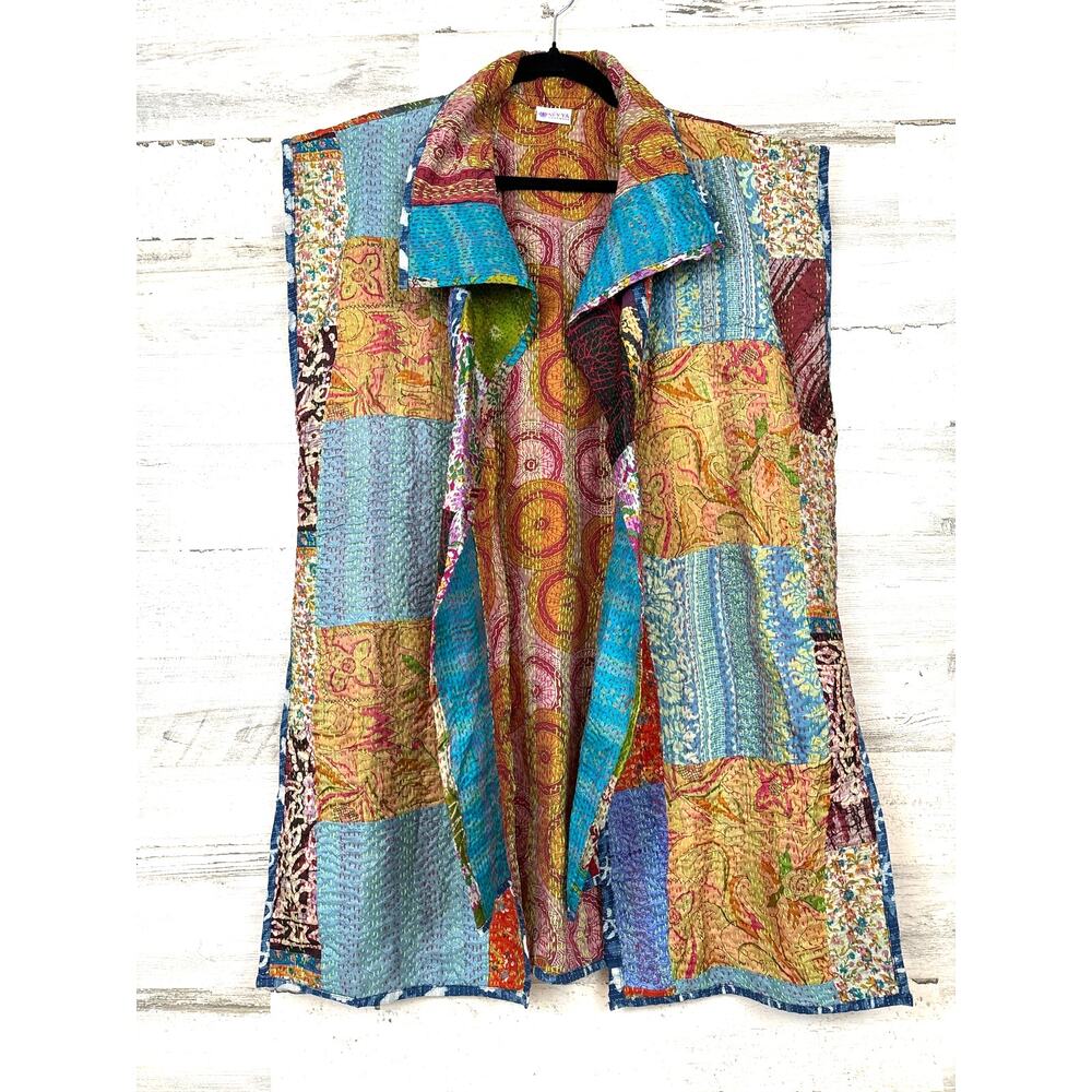 Sevya One Size Reversible Patchwork Silk Kantha Vest Handmade Boho NEW